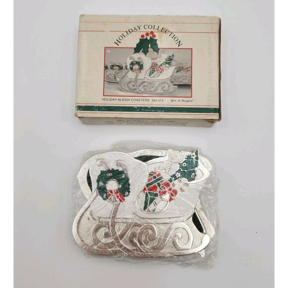 Vintage Oneida Christmas Holiday Sleigh Coaster Silver Wm A Rogers w/ Box Set 6 - Picture 2 of 8